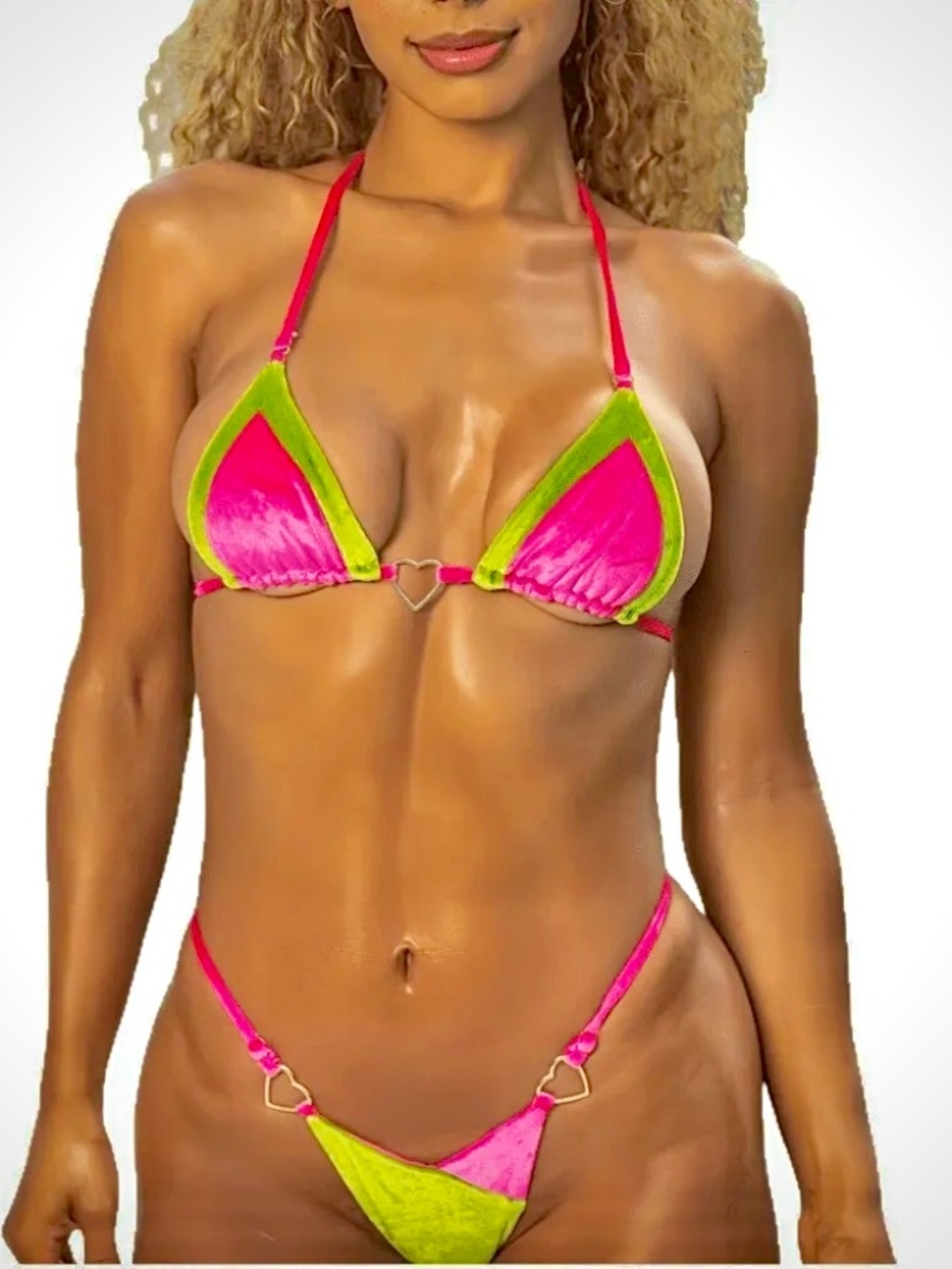 Hot Pink Lime Green Velvet Micro Bikini Set | Size M